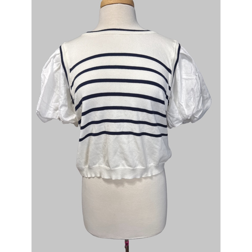 VOY Striped Short Sleeve Tee with Puff Sleeves, Size L